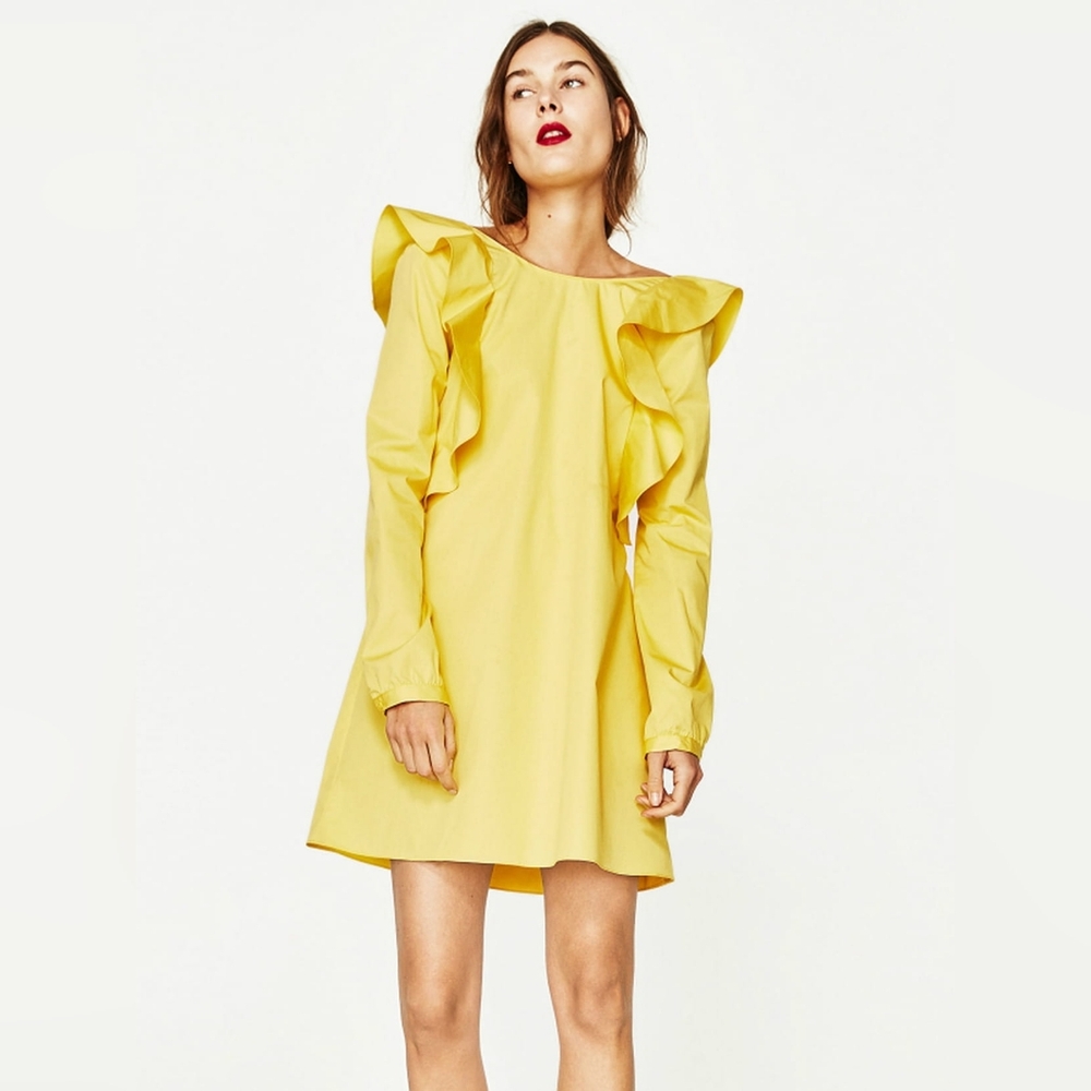 Zara Yellow Long Sleeve Dress with Ruffles
